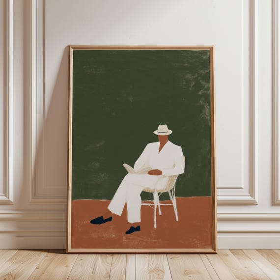 Man Reading Book Wall Art Print, Minimalist Figure Printable, Modern Abstract Portrait Art, Green Terracotta Decor (Digital Download)