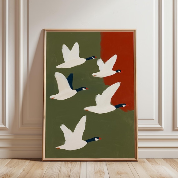 Flying Geese Wall Art Print, Modern Bird Printable, Minimalist Nature Decor, Sage Green Rust Orange Living Room Art (Digital Download)