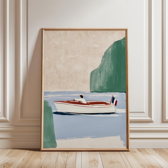 Modern French Seaside Yacht Painting, Calm Coastal Wall Art (Digital Download) 425