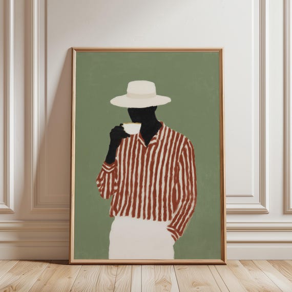 Afrocentric Coffee Painting – Black Man Portrait, Sage Green Decor (Digital Download)