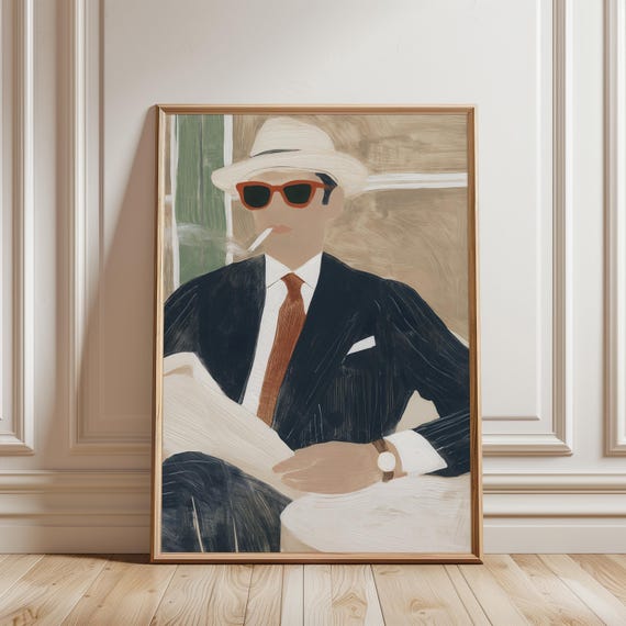 Sprezzatura Man in Suit and Fedora, Mid-Century Modern Smoking Art (Digital Download) 419