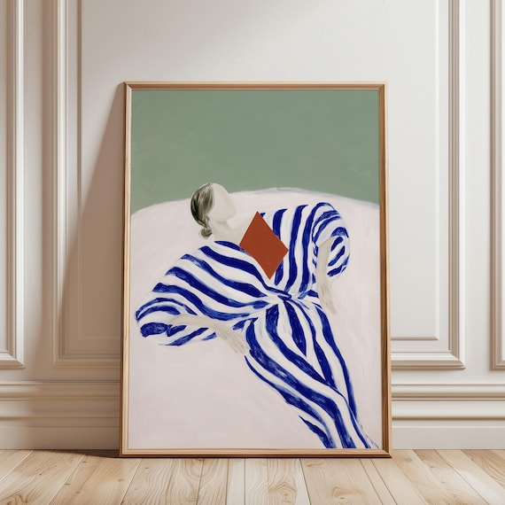 Striped Dress Woman Reading – Minimalist Blue Stripe Wall Art (Digital Download)