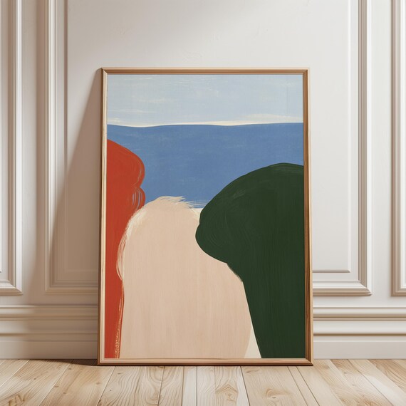Abstract Summer Coastal Scene Gouache Art Print, Minimal Modern Decor (Digital Download) 689