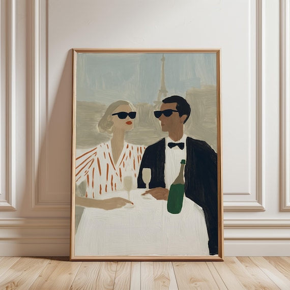 Chic Parisian Couple Gouache Painting, Stylish Vintage-Inspired Wall Art (Digital Download) 412