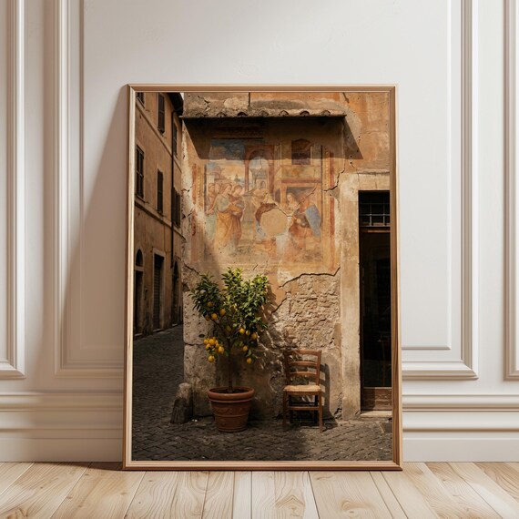 Renaissance Fresco Wall Art – Italian Lemon Tree Street Print, Rustic Mediterranean Decor (Digital Download)