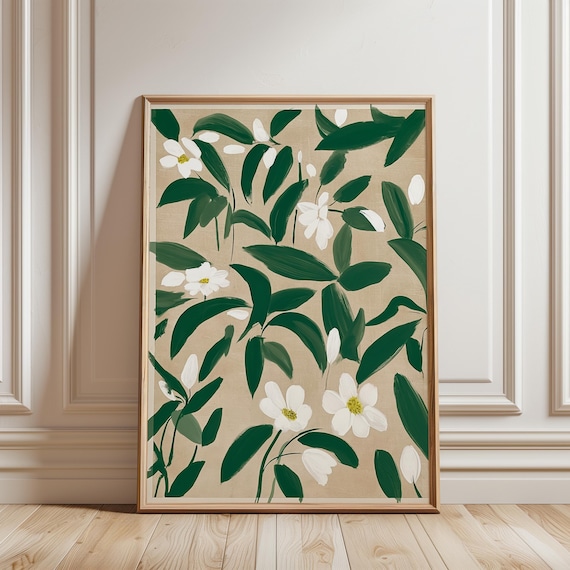 Spring White Flower Botanical Art with Green Leaves on Kraft Background (Digital Download) 239