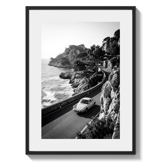 Porsche 911 Coastal Drive Black and White Print, Classic 911, Vintage Sports Car Wall Art, Monochrome Car Print (Digital download)