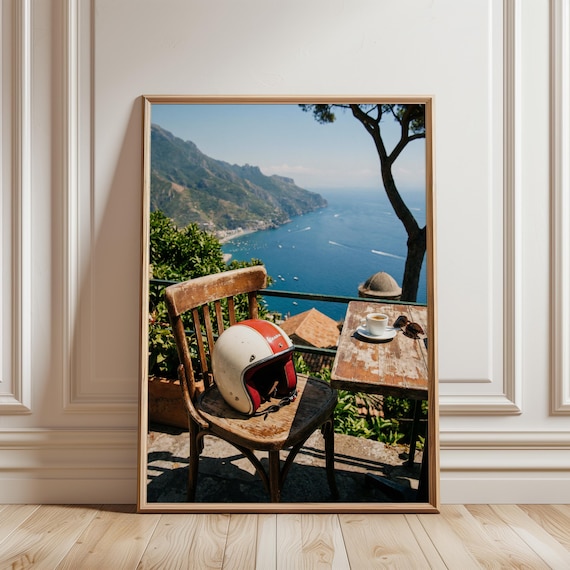 Amalfi Coast Italian Terrace Printable - Mediterranean Summer Art, Vintage Motorcycle Helmet, Rustic Coastal Scene, Digital Download 27