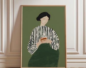 Woman Reading Book Wall Art, Vintage Style Portrait Printable, Olive Green Striped Blouse, Quiet Moment Literary Decor (Digital Download)
