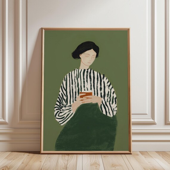 Woman Reading Book Wall Art, Vintage Style Portrait Printable, Olive Green Striped Blouse, Quiet Moment Literary Decor (Digital Download)