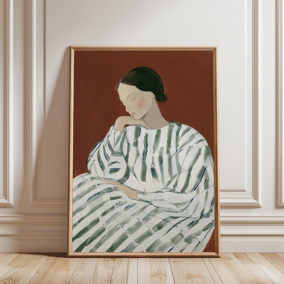 Minimalist Stripe Woman Sitting Portrait Print – Modern Figurative Wall Art (Digital Download)