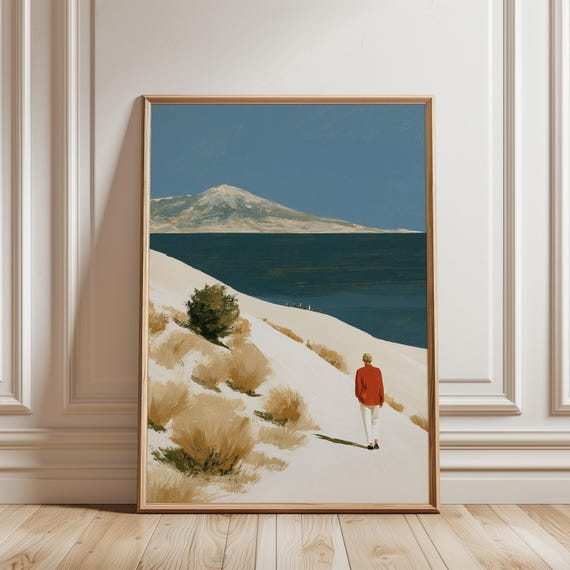 Solitary Figure on Coastal Sand Dunes, Minimalist Gouache Landscape Art (Digital Download) 579