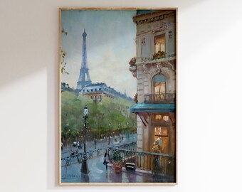 Antique Paris Prints, Vintage Eiffel Tower Oil Painting, Paris Cityscape, Moody Haussmannian, Printable Art