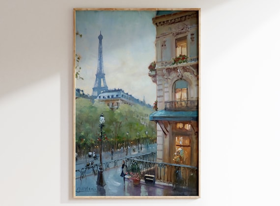 Antique Paris Prints, Vintage Eiffel Tower Oil Painting, Paris Cityscape, Moody Haussmannian, Printable Art