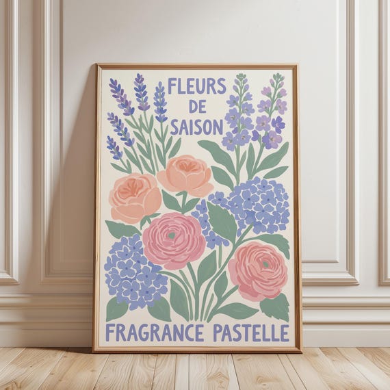 French Floral Poster Print, Fleurs de Saison Wall Art - Vintage Botanical Printable, Pastel Flowers, Spring Garden Decor (Digital Download)