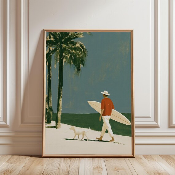 Surfer with Dog Beach Scene, Minimalist Summer Decor Art (Digital Download) 677