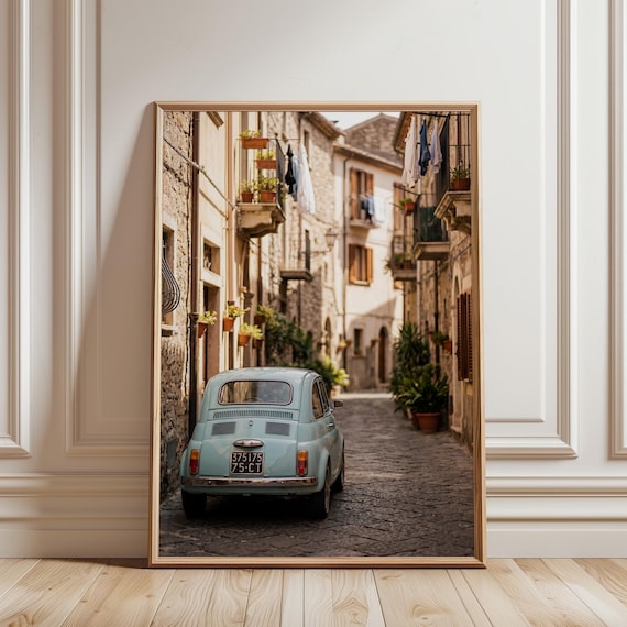 Vintage Fiat 500 Print,  La Dolce Vita Mediterranean Decor Car Poster (Digital Download)