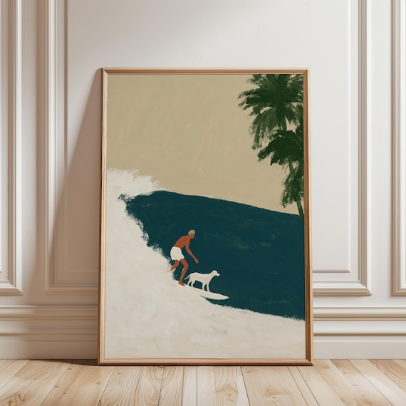 Surfer and Dog Riding Wave Print, Coastal Summer Beach Scene Art (Digital Download) 705