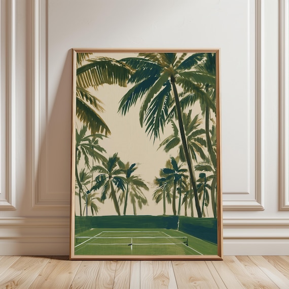 Retro Tennis Court Wall Art with Palm Trees, Summer Decor Print (Digital Download) 682