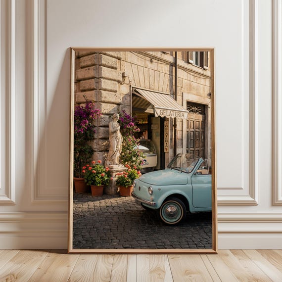 Vintage Pastel Blue Car Photo, Romantic Summer Street Scene, Rustic European Decor (Digital Download) 732