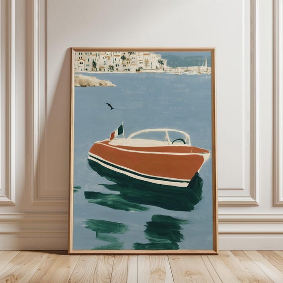 Vintage Riva Wooden Speedboat Painting, Coastal Mediterranean Art (Digital Download) 454