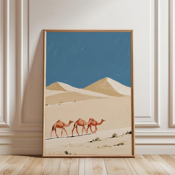 Minimal Desert Caravan with Camels, Warm Bohemian Wall Art (Digital Download) 576