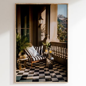 Victorian Oil Painting of a French Riviera Mansion with Checkered Floor, Victorian Architecture, South of France, Beautiful Era Printable.