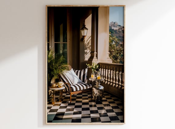 Victorian Oil Painting of a French Riviera Mansion with Checkered Floor, Victorian Architecture, South of France, Beautiful Era Printable.