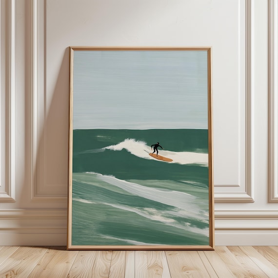 Surfer on Breaking Wave, Minimalist Coastal Gouache Illustration Art (Digital Download) 246