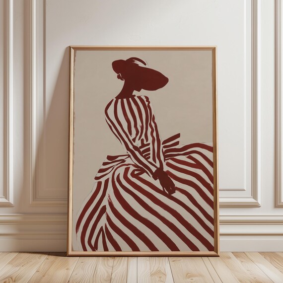 Elegant Woman in Striped Dress Print, Vintage Fashion Wall Art, Minimalist Feminine Silhouette Printable, Chic Bedroom (Digital Download)