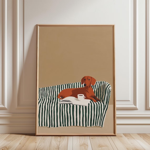 Dachshund Reading Coffee Wall Art Print, Dog Lover Gift, Modern Pet Portrait, Living Room Decor, Wiener Dog Printable (Digital Download)