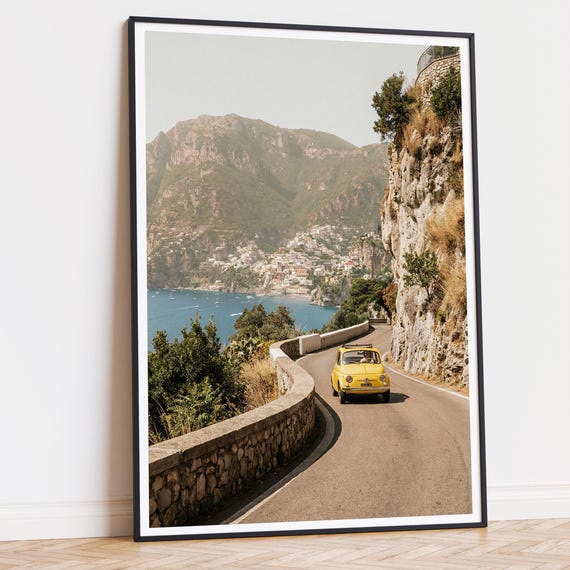 Amalfi Coast Wall Art Printable, Yellow Fiat 500 Poster, Italian Summer Coastal Print, Mediterranean Wall Decor