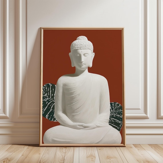 Buddha Sculpture Art, Minimalist Meditation Print with Tropical Leaves (Digital Download) 584