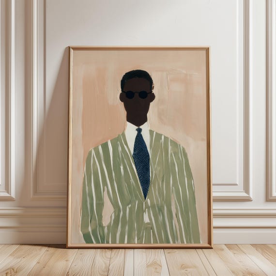 Chic Minimalist Portrait of a Stylish Black Man in Green Suit Wall Art (Digital Download) 545