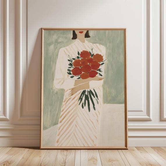 Romantic Woman Embracing Rose Bouquet Painting, Vintage-Inspired Elegance (Digital Download) 571