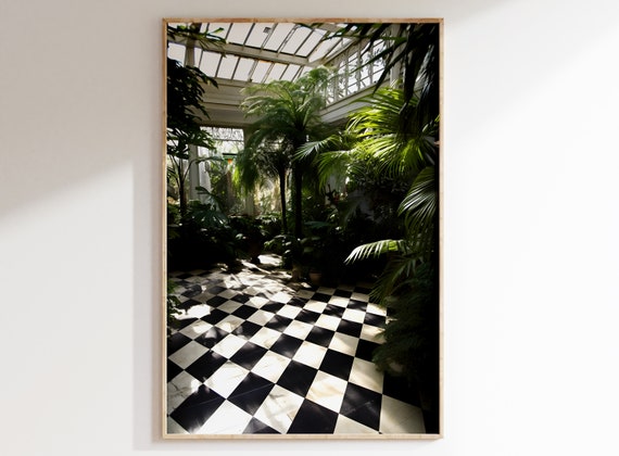 Victorian Green House, Printable Art, Green House, Rustic Victorian Print, Botanical, Victorian architecture, black and white tiles.