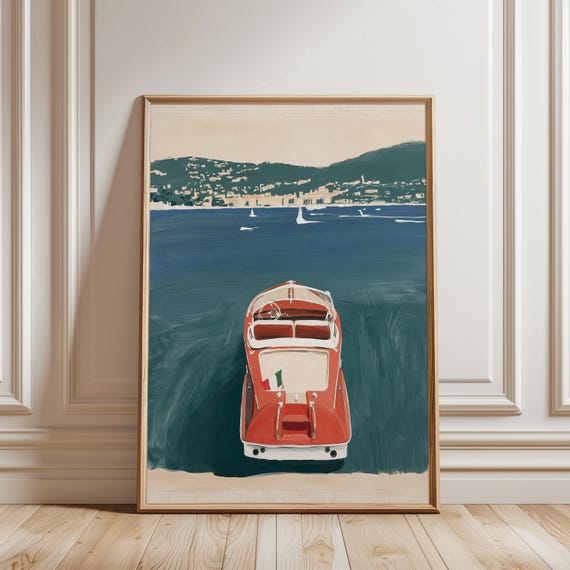 Classic Riva Speedboat Painting, Vintage Nautical Coastal Art (Digital Download) 402