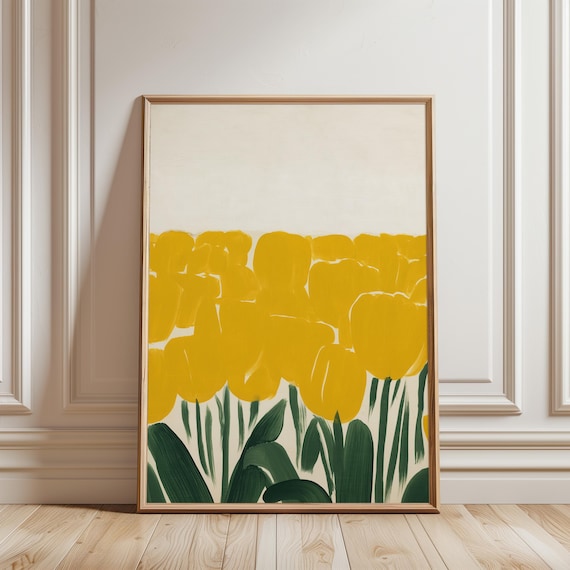 Yellow Tulip Field Gouache Painting, Modern Farmhouse Botanical Art (Digital Download) 284