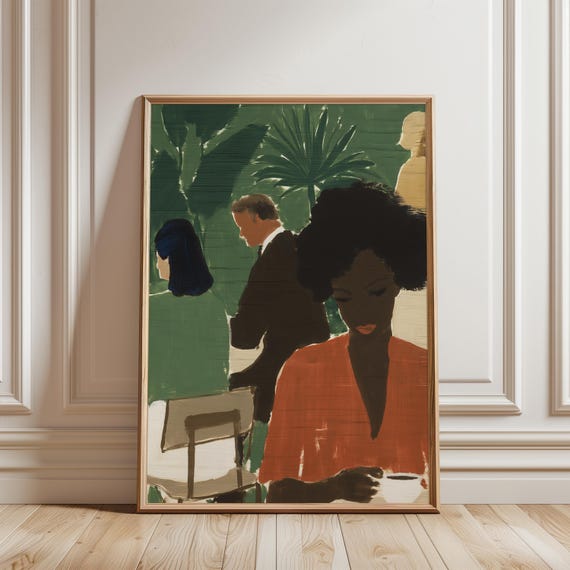 Afrohemian Woman with Coffee: Cozy Bohemian Cafe Scene Gouache Art (Digital Download) 510