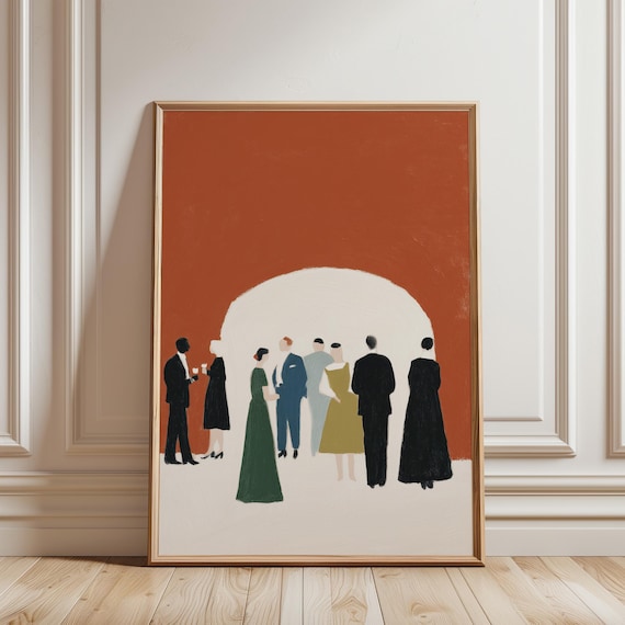 Opera Gallery Wall Art Print, Mediterranean Archway Art, Vintage Silhouette Figures, Terracotta Rust Orange Wall Decor (Digital Download)