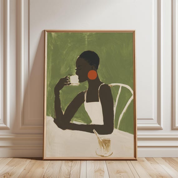 Modern Afrohemian Woman with Coffee Gouache Painting (Digital Download) 465