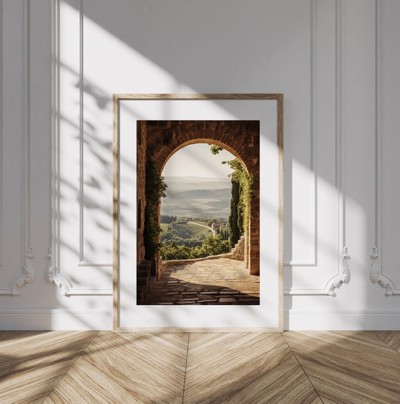 Tuscan arch print: brick Italian archway framing a countryside valley with stone path and olive trees in oil painting style.