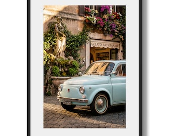 Vintage Fiat 500 Rome Gelato Street Print – Italian Cafe Travel Decor (Digital Download)