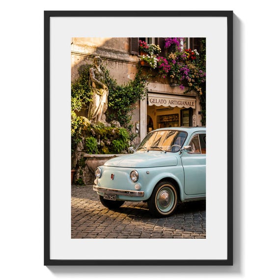 Italy Gelato Street Print – Vintage Fiat 500, Rome Cafe Photography, Mediterranean Travel Decor Poster  (Digital Download)