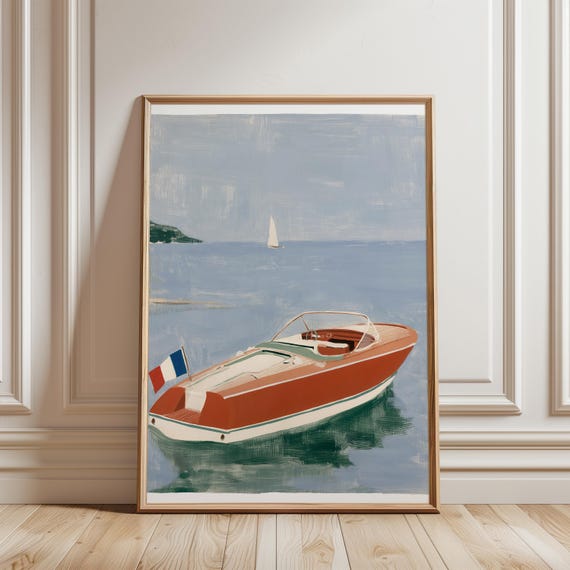 Vintage Riva Boat Gouache Art, Mid-Century Nautical Summer Scene (Digital Download) 401