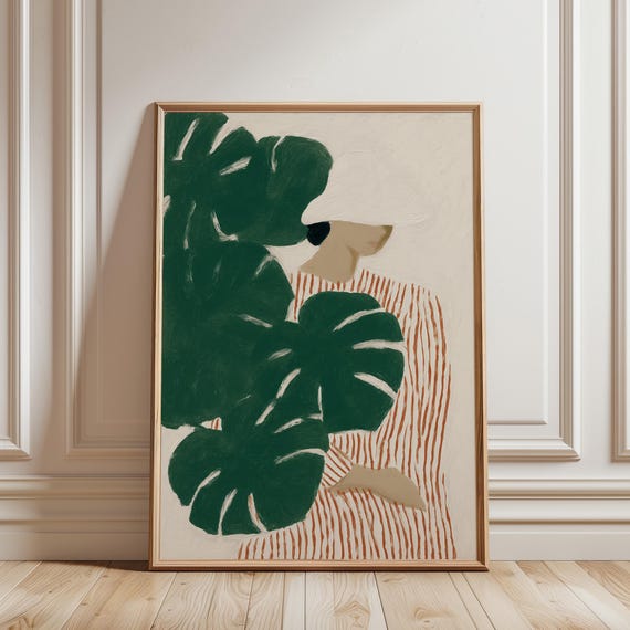 Monstera Wall Art – Minimalist Tropical Figurative Woman Painting (Digital Download)