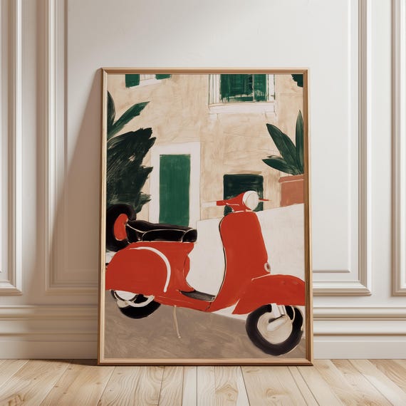Red Vintage Vespa Print, Retro Mediterranean Art, Summery Travel Decor (Digital Download) 287