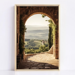 Tuscan arch print: brick Italian archway framing a countryside valley with stone path and olive trees in oil painting style.