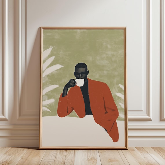 Black Man Coffee Wall Art Print, Afrocentric Style, Sage Green Afrobohemian Home Decor (Digital Download)