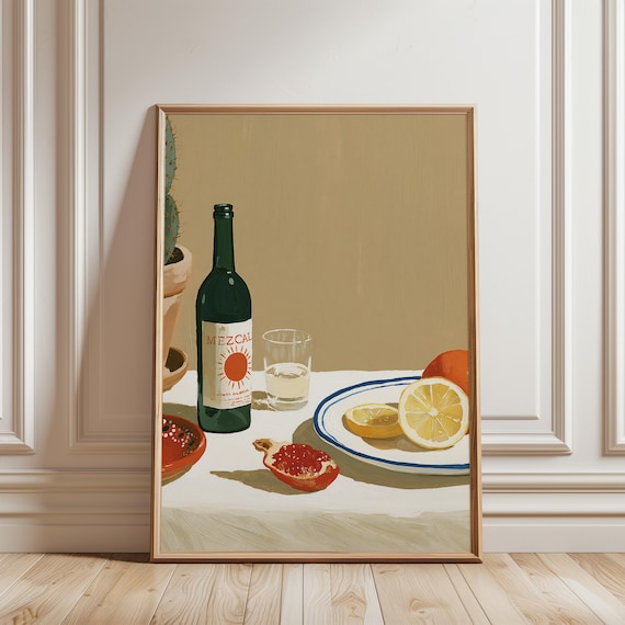 Vintage Mezcal Bottle Gouache Painting, Rustic Still Life Art (Digital Download) 522
